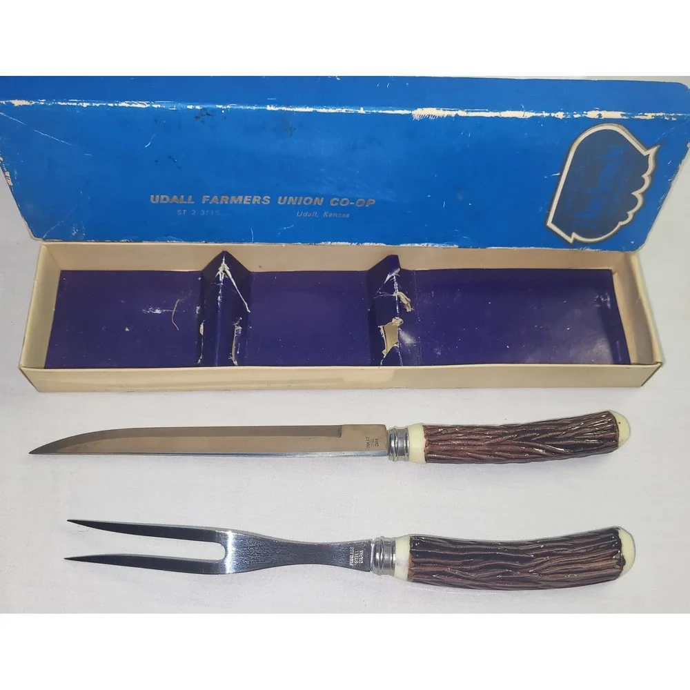 Vintage Faux Stag Stainless Japan 2pc Udall Farmers Union Co-op Carving Gift Set